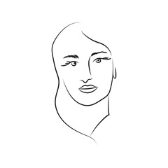 Modern Abstract Face Portrait. Linear Ink Brush. Line Art Current Contemporary Continuous Cubism Painting. Fashion Style Black And White Abstraction Poster