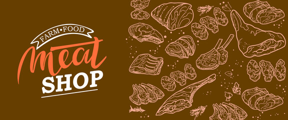 A set of raw meat. Beef, pork, lamb. Vector illustration in the style of a sketch. A booklet, banner, or flyer of a butcher shop or store.