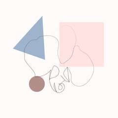 One line with minimal shapes, patterns, tropical leaves and flower. Abstract illustration for fashion design, modern cover, template in minimal flat style