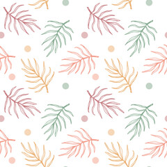 Vector pattern with leaves and circles. Seamless botanical illustration for printing on textiles and paper