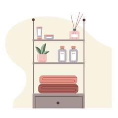 Vector bathroom furniture with accessories. A rack with cosmetics, home plant, aroma diffuser and towels. 
