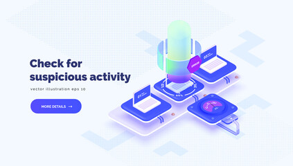 Monitoring user activity. System for checking and analyzing corporate data. Vector conceptual illustration with laptops and data testing system. Search for errors. Isometric style