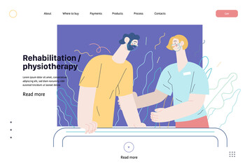 Medical insurance web page template- rehabilitation and physiotherapy -modern flat vector illustration -physiotherapist helps patient walking using training parallel bars, medical office, laboratory