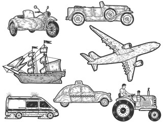 Large set, modes of transport. Sketch scratch board imitation. Engraving vector illustration