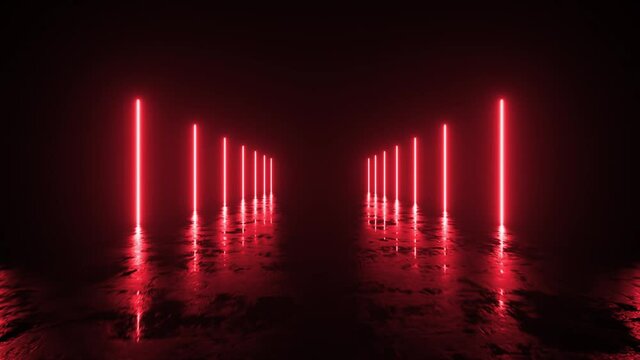 Futuristic sci fi bacgkround. Red neon lights glowing in a room with concrete floor with reflections of empty space. Alien, Spaceship, Future, Arch. Progress. 3D animation of seamless loop.