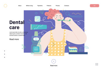 Medical insurance web page template -dental care -modern flat vector concept illustration of helthy teeth -woman brushing teeth, mint dental floss, tothbrush, toothpaste, mouthwash, dentist tool