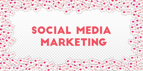 Social media icons. Social media marketing concept. Falling gradient like counter. Wide scattered fr