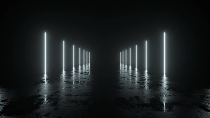 Futuristic sci fi bacgkround. White neon lights glowing in a room with concrete floor with reflections of empty space. Alien, Spaceship, Future, Arch. Progress. 3D animation of seamless loop. - Powered by Adobe