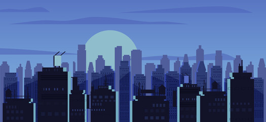 Night city, skyscrapers modern buildings in dark urban scene. Cityscape dusk night mood. Vector illustration flat cartoon style isolated