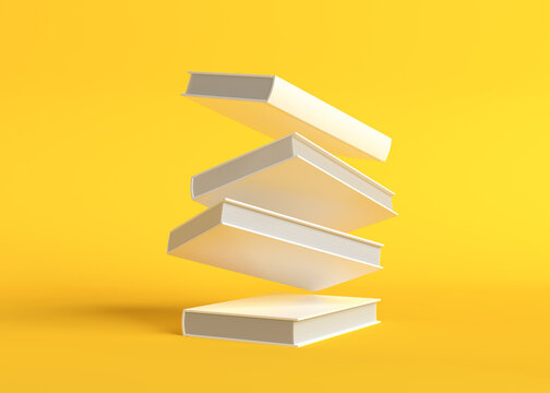 Flying books on pastel yellow background. Levitation. Education concept. 3d rendering illustration