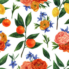 Watercolor pattern with flowers and citrus fruits