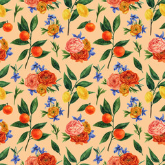 Watercolor pattern with flowers and citrus fruits