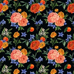 Abwaschbare Fototapete Watercolor pattern with flowers and citrus fruits © a_ptichkina