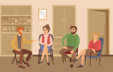 Group of people are sitting together on chairs and talking. The psychologist is asking questions. Conversation between persons and male psychologist or psychotherapist. Family psychotherapy session