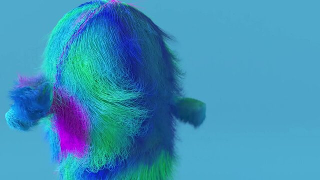 Cheerful colorful hairy cartoon dancing character close up, furry animal, having fun, furry mascot animation. Modern minimalist design. 3d animation of seamless loop.