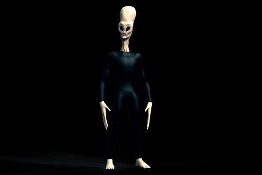 Grey Alien Humanoid ET Creature with elongated long head. Extremely detailed and realistic high resolution 3d illustration