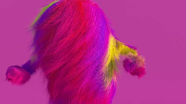 Cheerful colorful hairy cartoon dancing character close up, furry animal, having fun, furry mascot animation. Modern minimalist design.