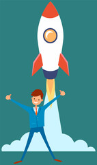 Career development with happy businessman ready flying high on space ship. Startup and successful innovation business launch concept. Male character stands near rocket happily raised his hands up