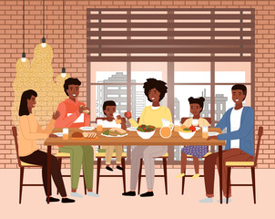 The family dines with healthy food in the restaurant. Relatives eat natural fresh products. Afro american people having dinner in the loft-style cafe. Table with fruit, salad and sandwiches