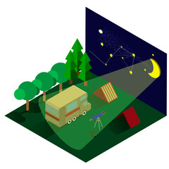 summer weekend in nature with tents, isometric vector illustration