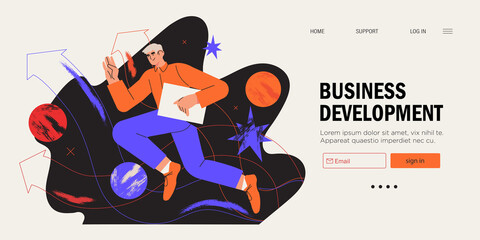 Businessman running on arrow through obstacles to his goal. Business developement, career success or growth and opportunity, startup concept banner, landing web page. Creative trendy character.
