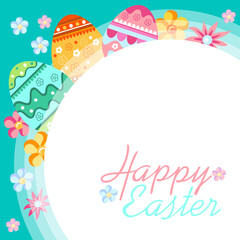 Frame with Easter eggs yellow, green, red, orange colors. Easter illustration for greating card, banner, sale posters, postcard, invitations, advertisements. Vector EPS 10.