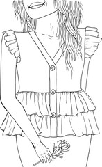 Hand drawing coloring for kids and adults. Beautiful drawings with patterns and small details. Coloring picture with beautiful girl, flower. Vector