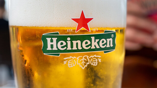 DANTXARINEA, SPAIN - CIRCA FEBRUARY 2021: Closeup shot of a glass of Heineken beer.