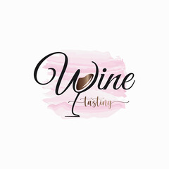 Wine lettering watercolor logo. Glass of wine