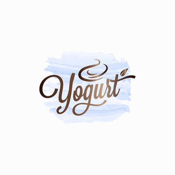 Yogurt cream watercolor logo. Frozen fruit yogurt