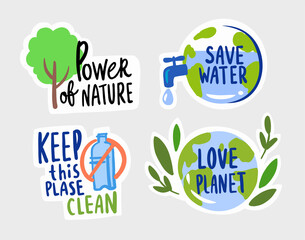 Ecologic labels. Eco safe emblems, green logo lettering. Sticker or ecological sign concept.