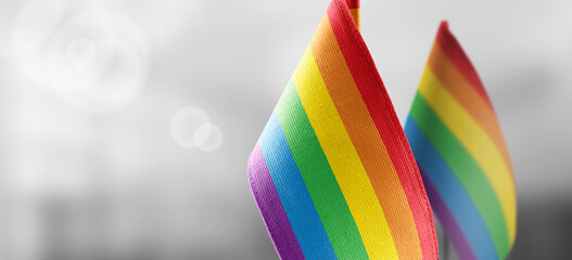 Small national flags of the lgbt on a light blurry background