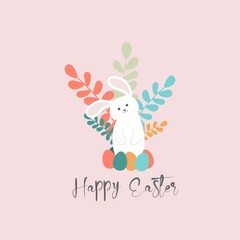 Vector illustration of happy Easter holiday with colored eggs, rabbit and flowers on colorful background. International spring celebration design with typography for greeting card.