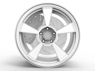 Obraz premium 3D render of an aluminum car disc complete with a brake system (sketch)