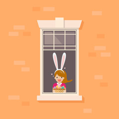Apartment window with girl wearing bunny ears holding basket full of easter eggs