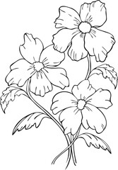 Vector illustration bouquet of black and white blooming flowers. Flowers silhouettes design for coloring book.