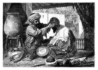 Arab barber in barbershop shaving customer. Culture and history of North Africa. Vintage antique black and white illustration. 19th century.