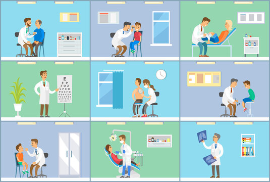 Set of scenes on the topic of study of symptoms and collection of patient data. Physician gives advice on caring for health of people. Doctor examines patient s condition using special equipment