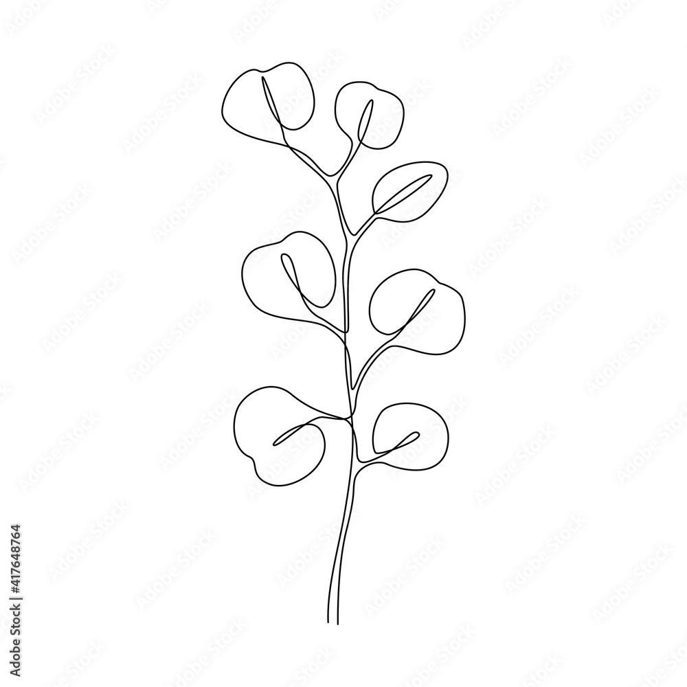 Poster eucalyptus branch continuous one line drawing. abstract nature minimalist poster. vector illustratio