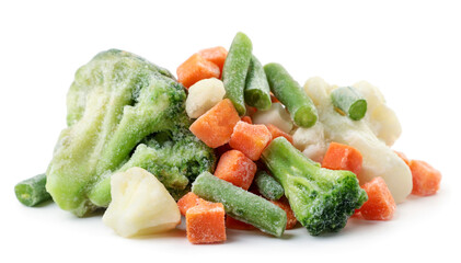 Heap of frozen vegetable mix on a white background. Isolated