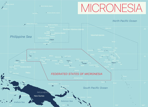 Micronesia detailed editable map with cities and towns, geographic sites. Vector EPS-10 file