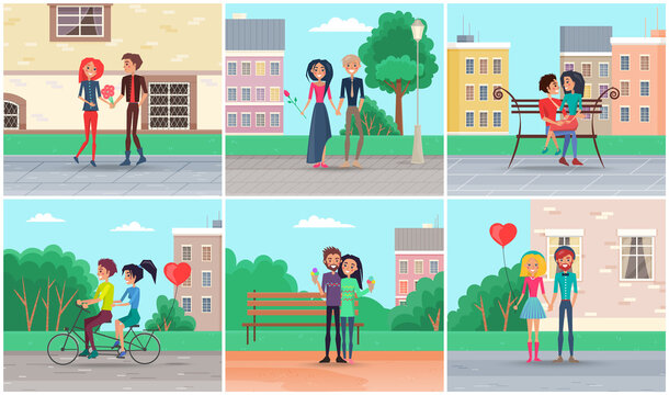 Set of illustrations on the theme of dating in the park. People in relationship walk outdoors. Characters in love in the open area against the background of urban buildings and green trees summer day