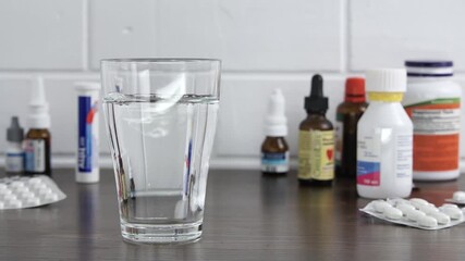 Pour water into a glass against the background of pills and medicines. Clean water, liquid flows. - Powered by Adobe