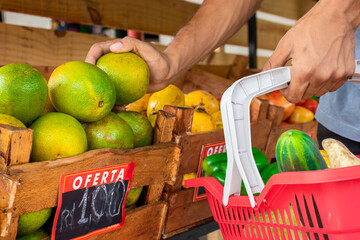 Homem segurando cesta de frutas e legumes no mercado.