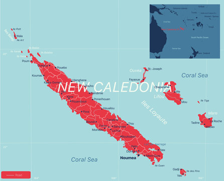 New Caledonia detailed editable map with cities and towns, geographic sites. Vector EPS-10 file