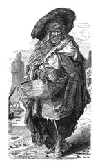 Fototapeta na wymiar Poor Arab beggar. Culture and history of North Africa. Vintage antique black and white illustration. 19th century.