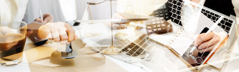 Business and lawyers discussing contract papers with brass scale on desk in office. Law, legal services, advice, justice and law concept picture with film grain effect