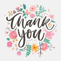Obraz premium Cute Thank You Script Card Flowers Letter text