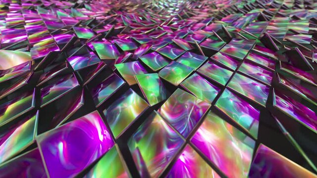 Abstract background of reflective holographic cubes creating a wave surface. Modern neon lighting, trendy background. 3d animation of seamless loop