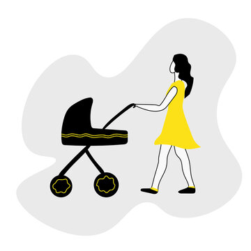 Mom With A Stroller For A Walk, Illustration In Black And Yellow Colors About Motherhood